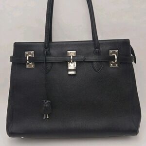 Black Italian Leather Structured Tote Bag Top Handle Style Padlock Satchel 15x11
